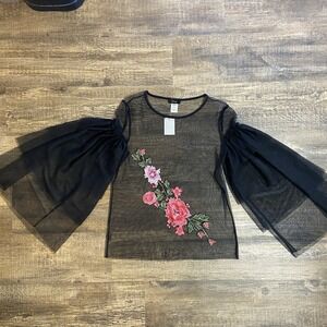 Dice Black Sheer Mesh Tulle Floral Whimsigoth Romantic Top M Fairy Grunge Y2K